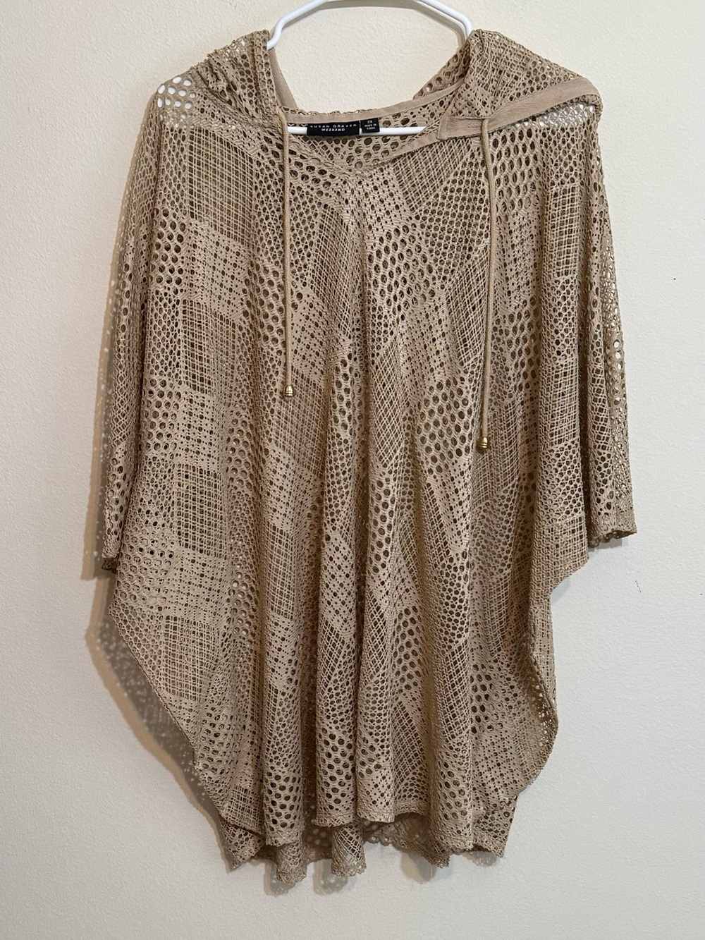 Susan Graver Beige Crochet Hooded Sweater Poncho 2X